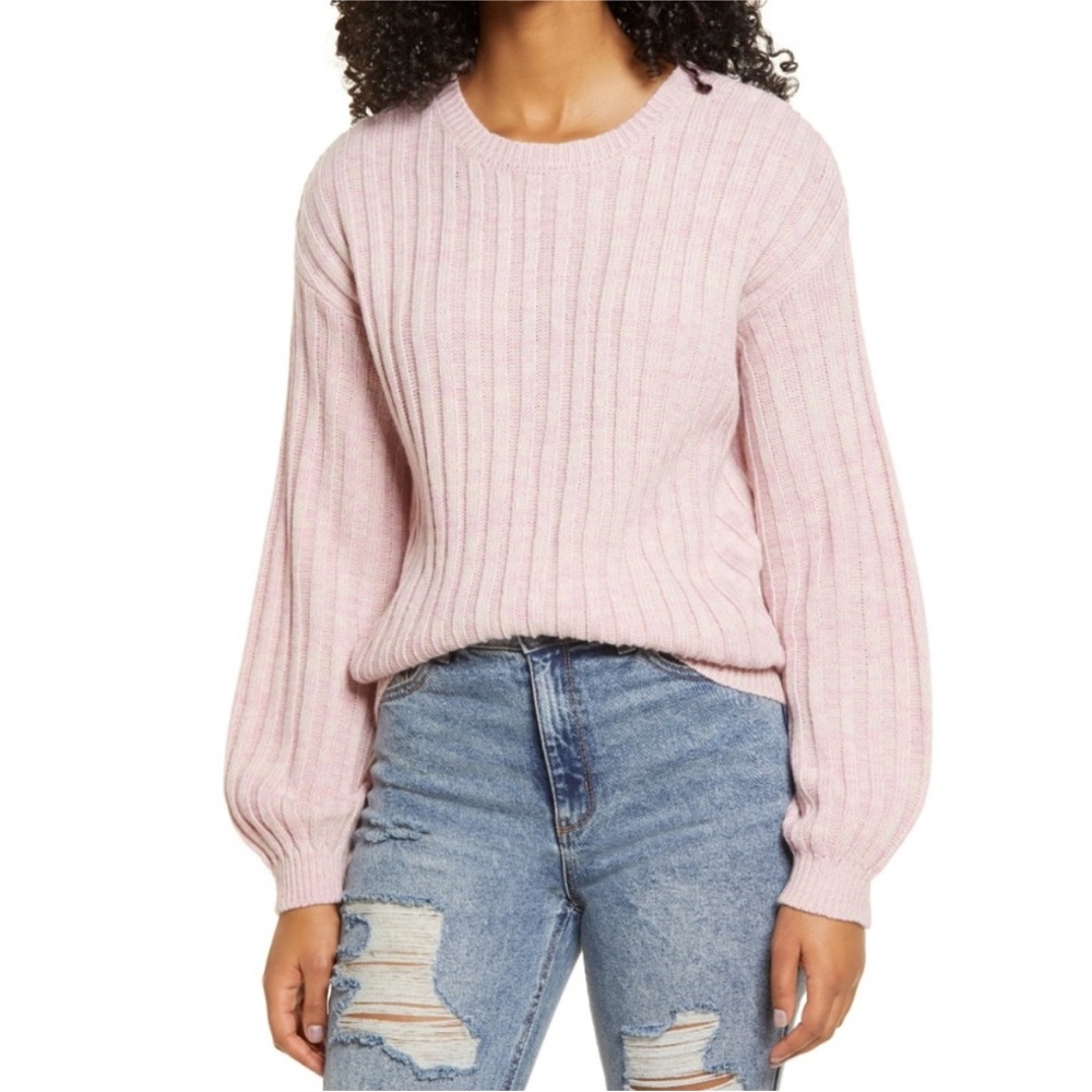 BlankNYC Ribbed Knit Balloon Sleeve Crewneck Sweater